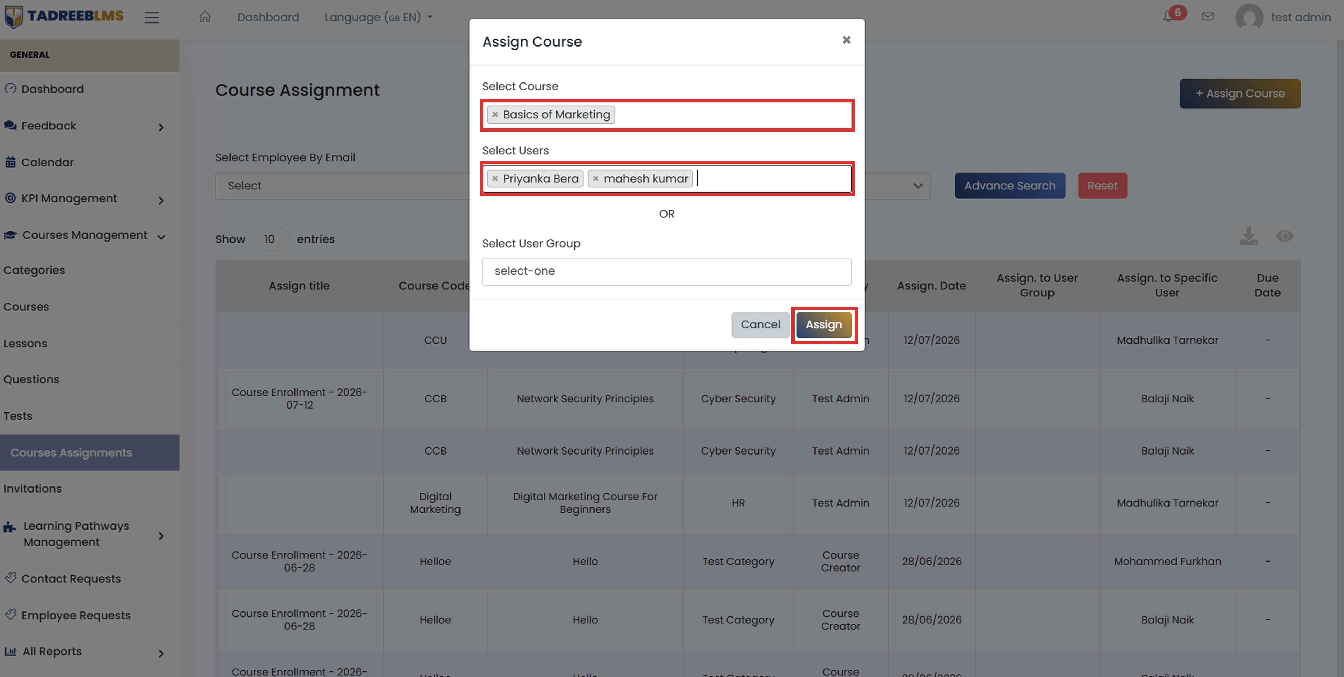 Assign Course screenshot