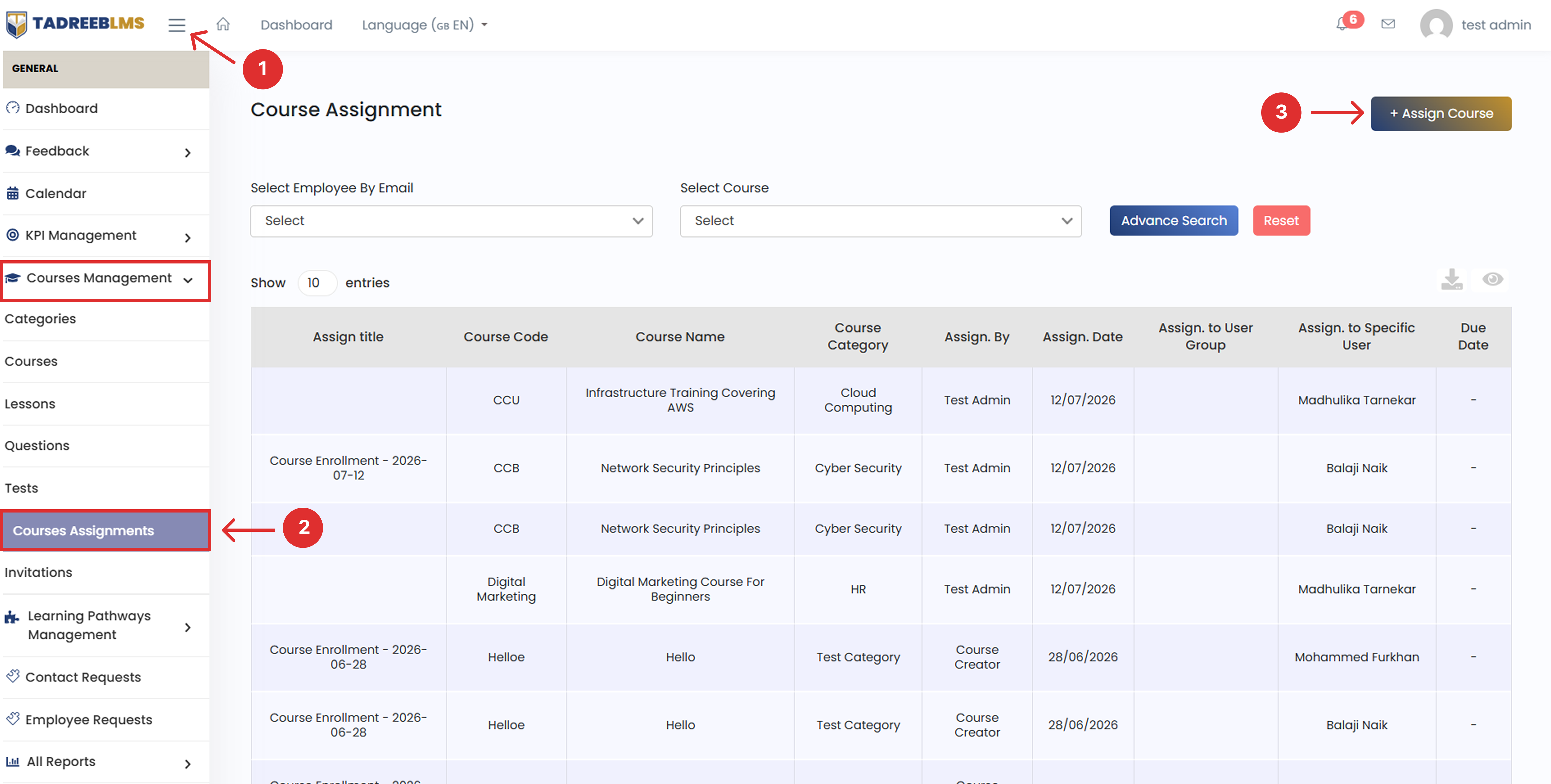 Assign Course screenshot