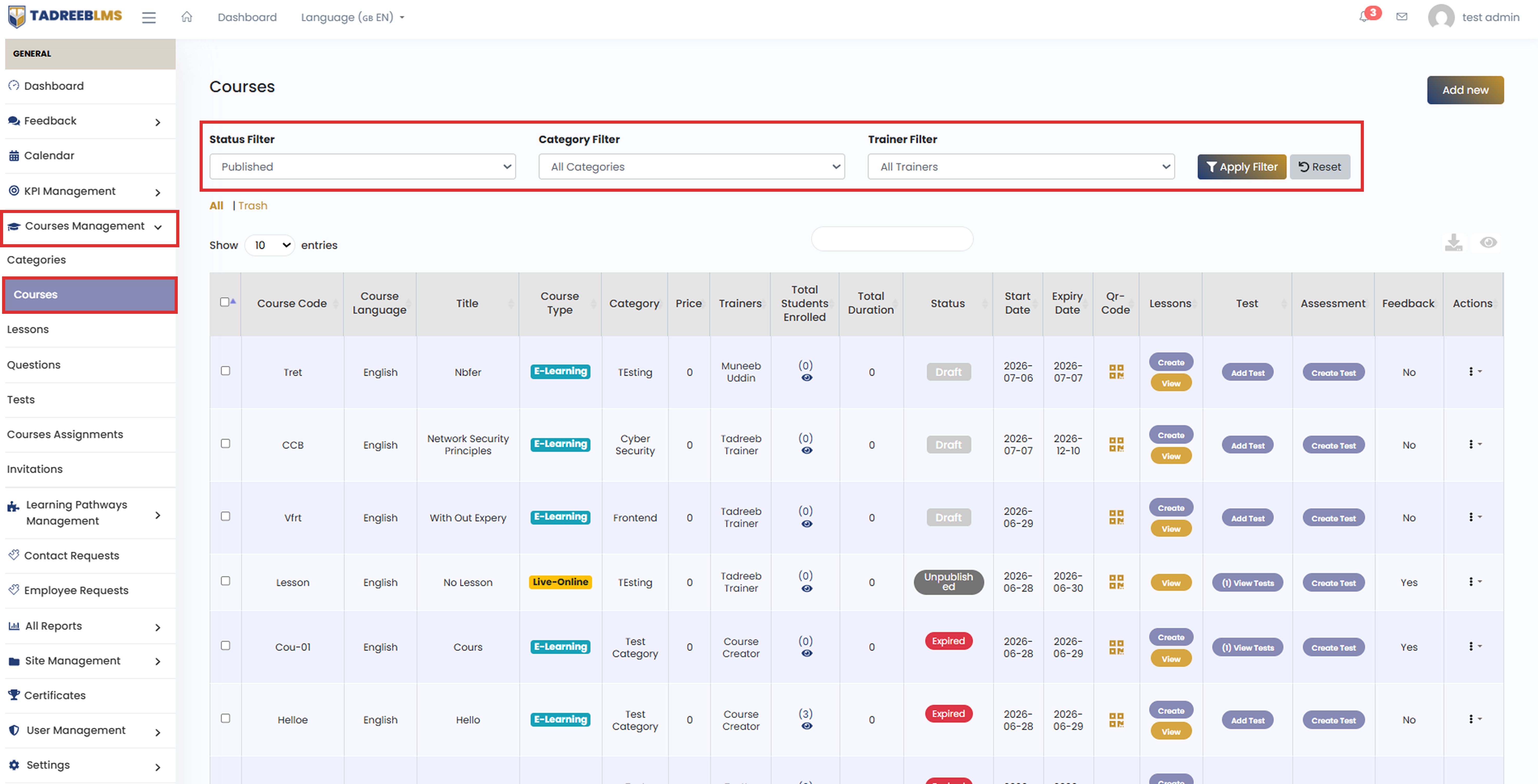 Course Filter Options screenshot