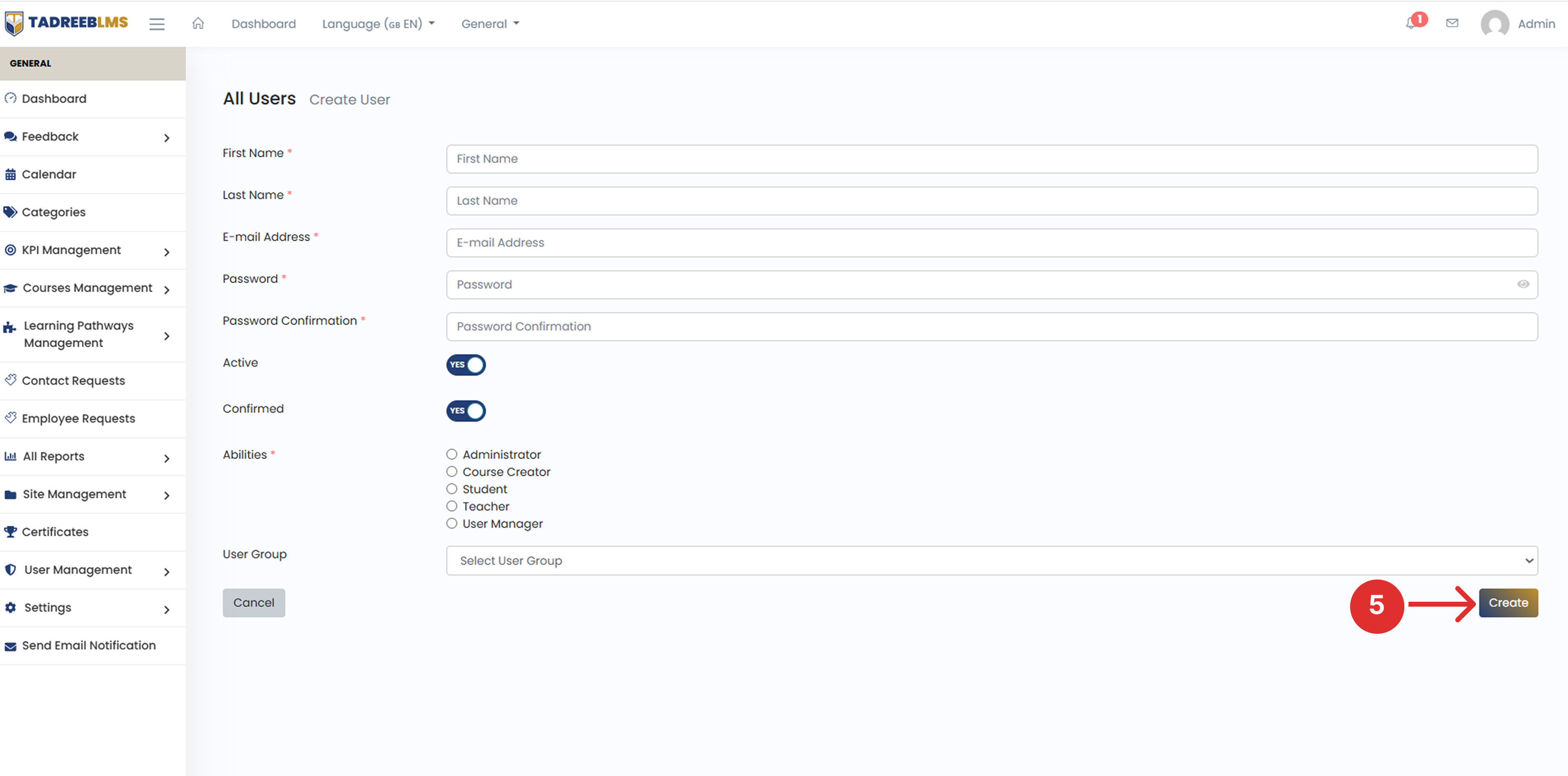 Create New User screenshot