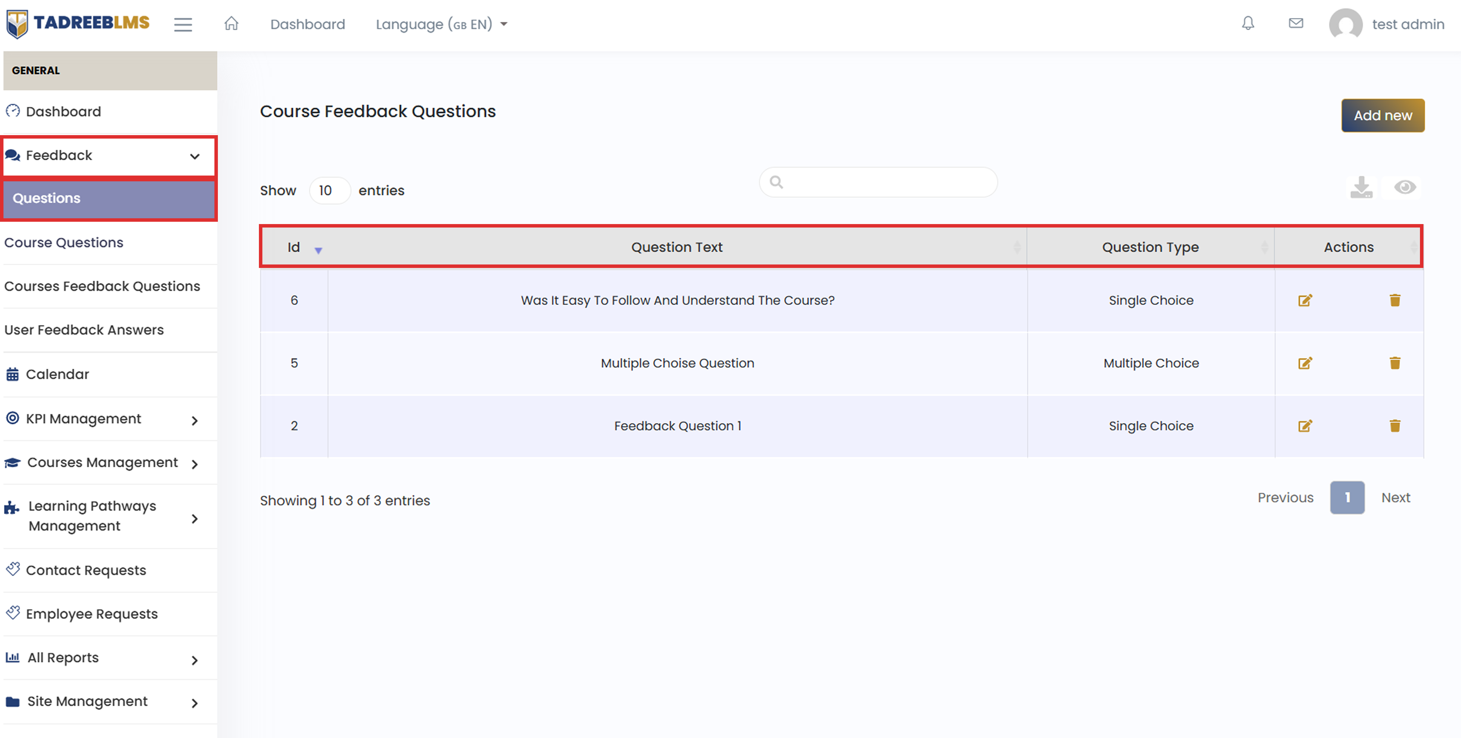Feedback Questions screenshot