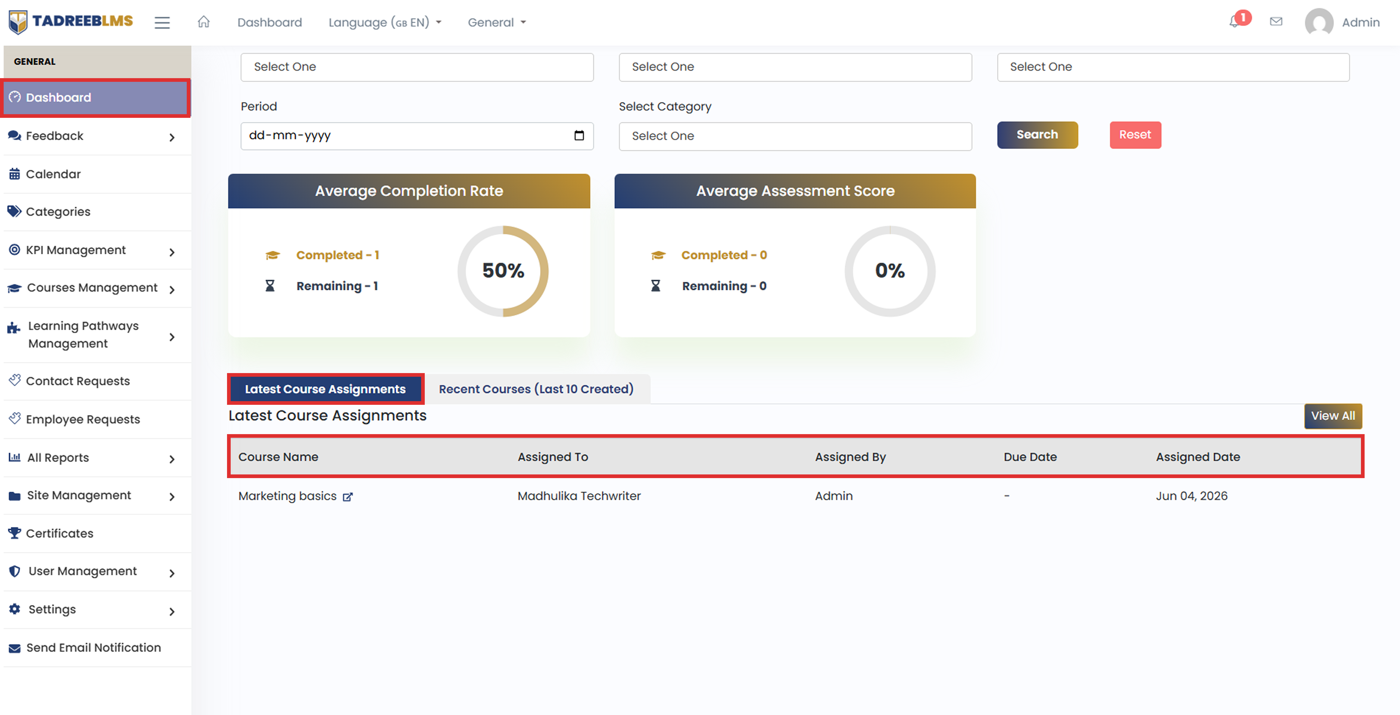 Latest Course Assignments screenshot