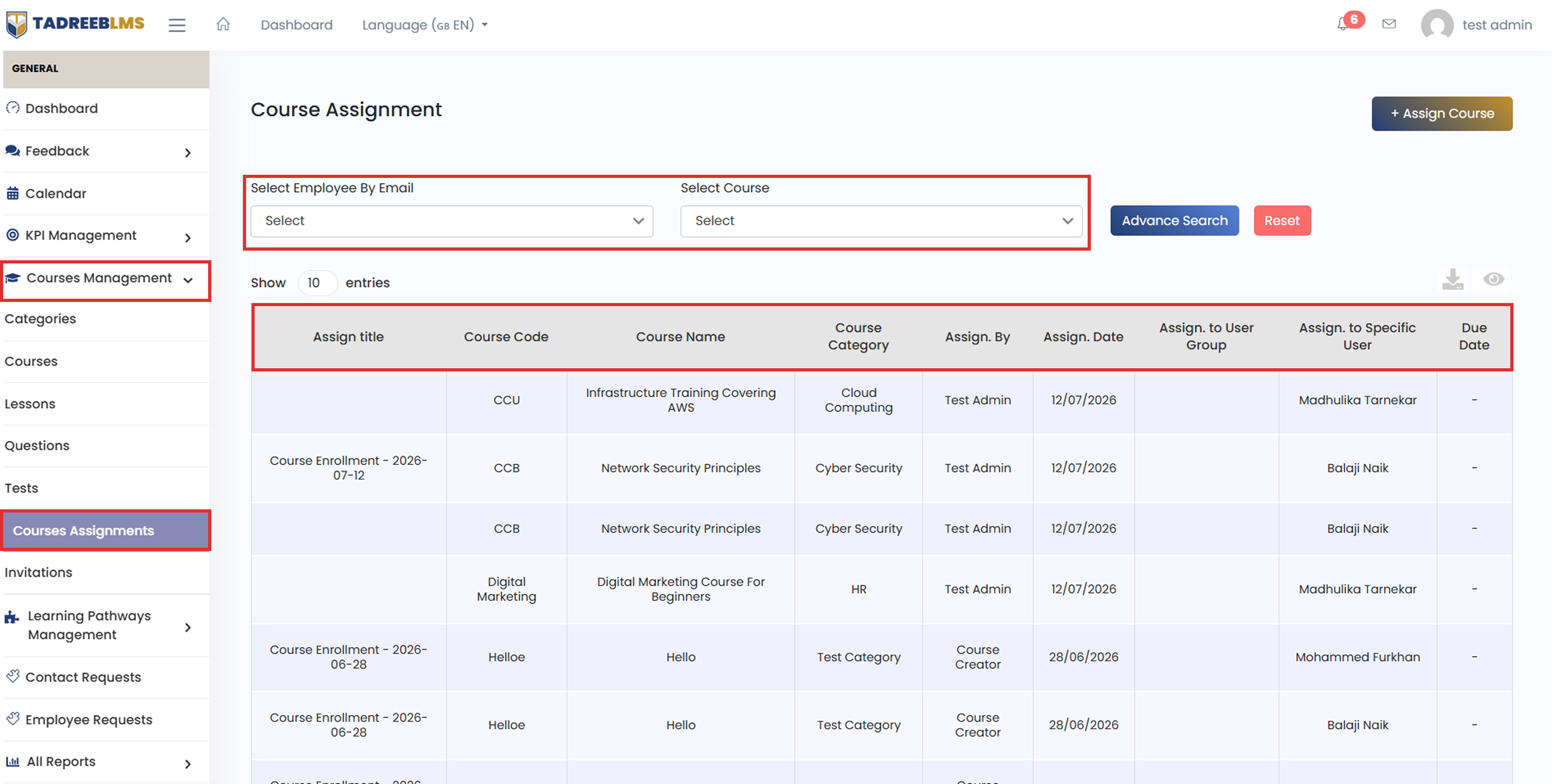 Manage Course Assignments screenshot