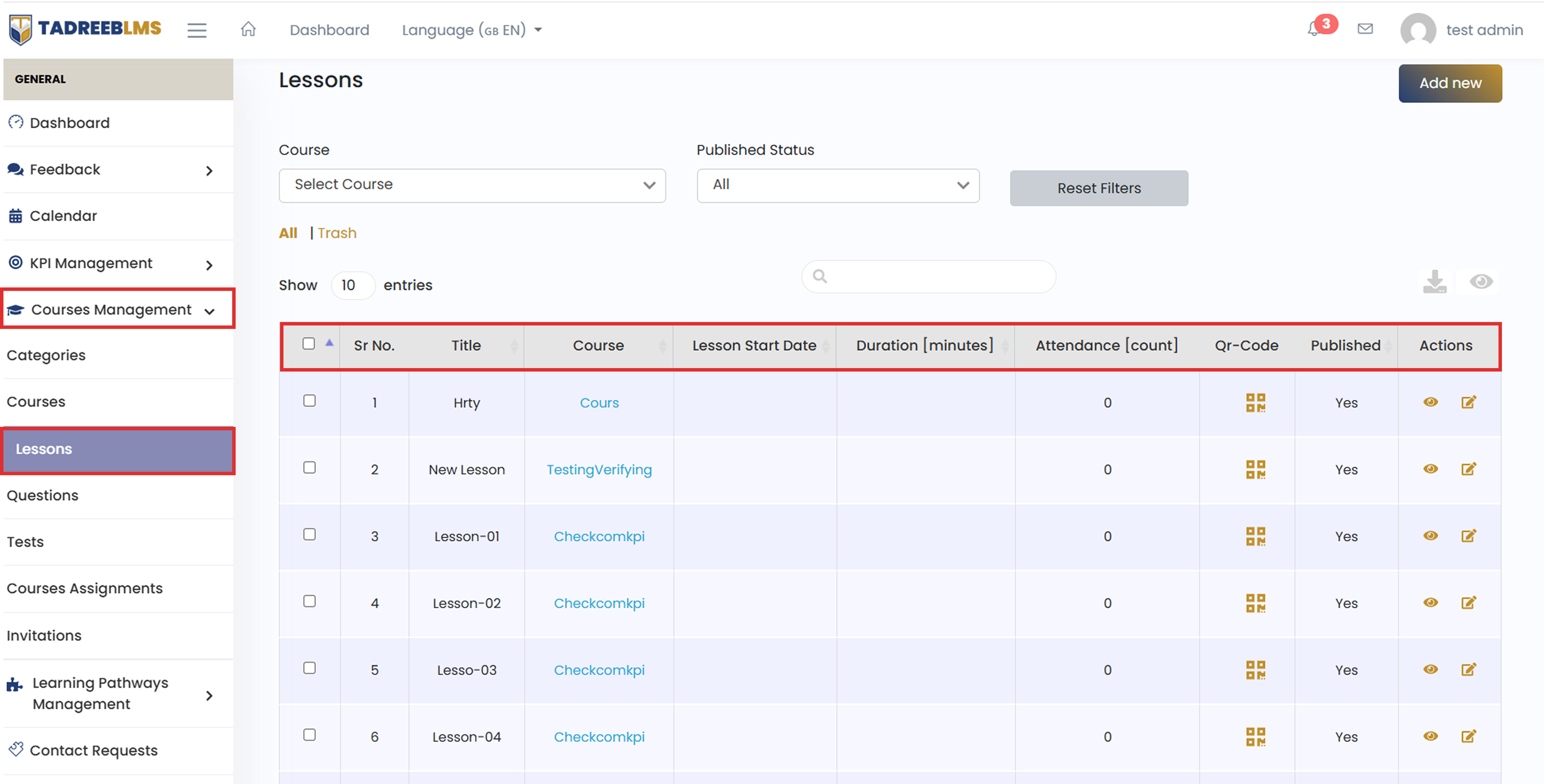 Manage Lessons screenshot