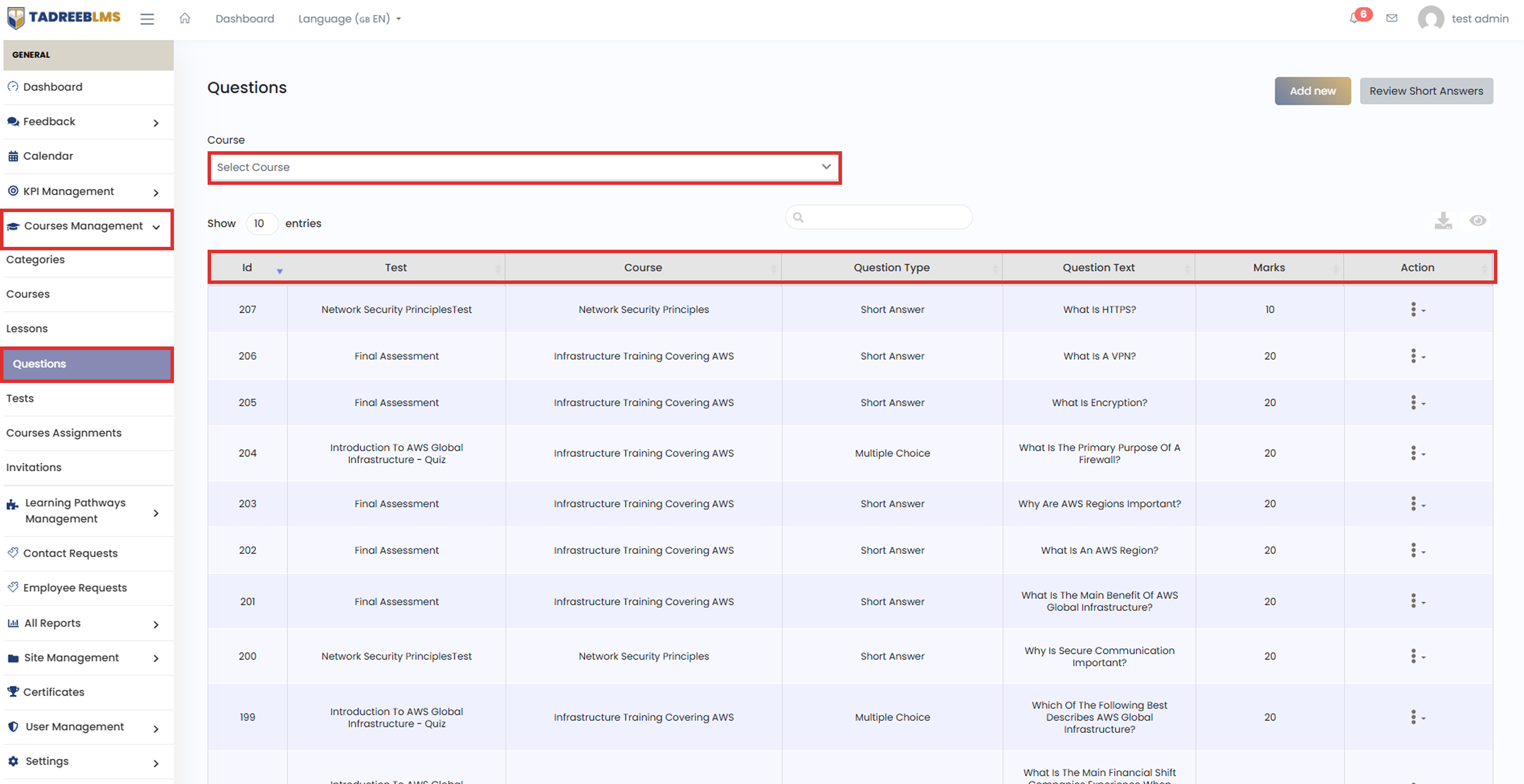 Manage Questions screenshot