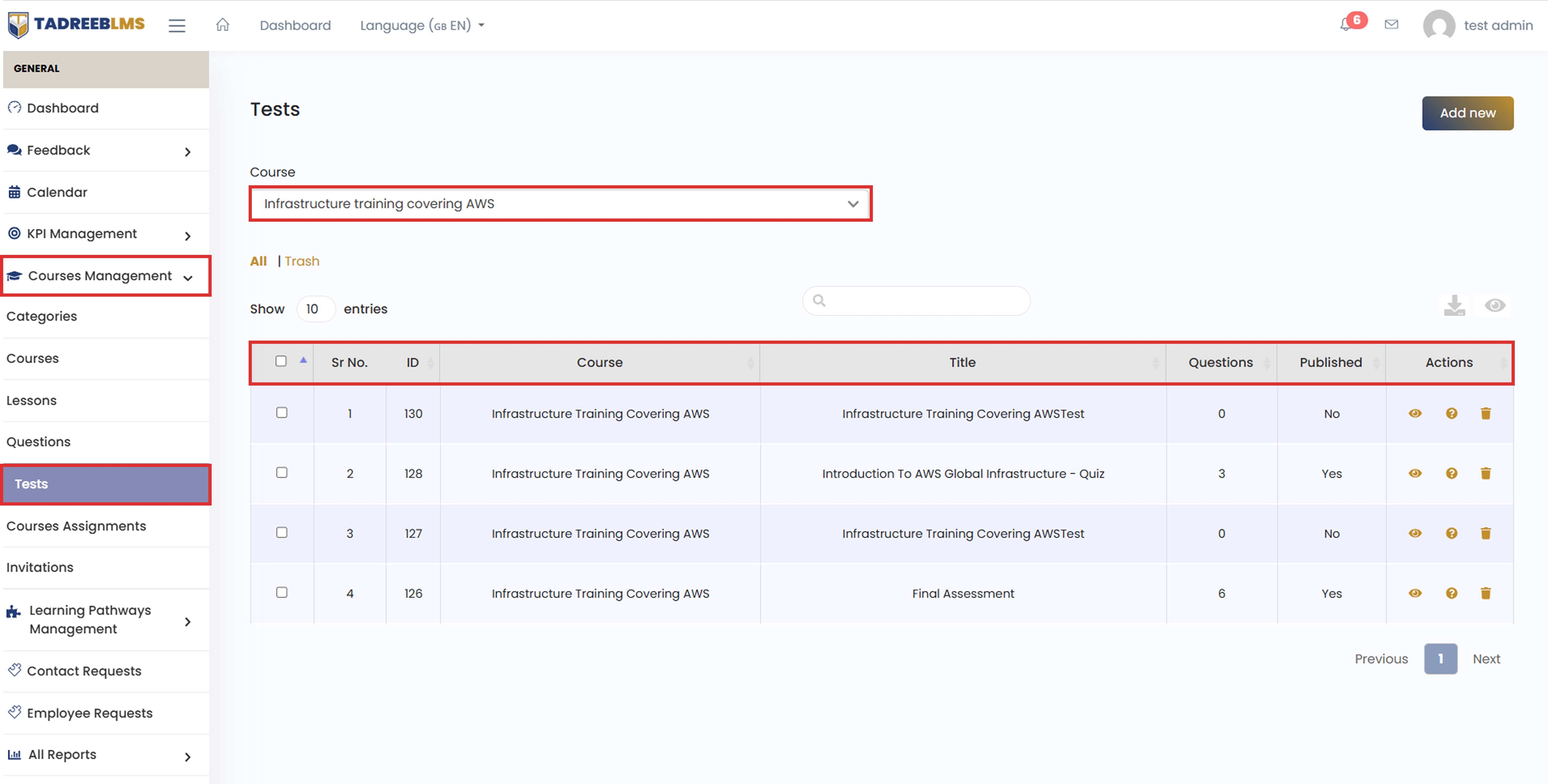 Manage Tests screenshot
