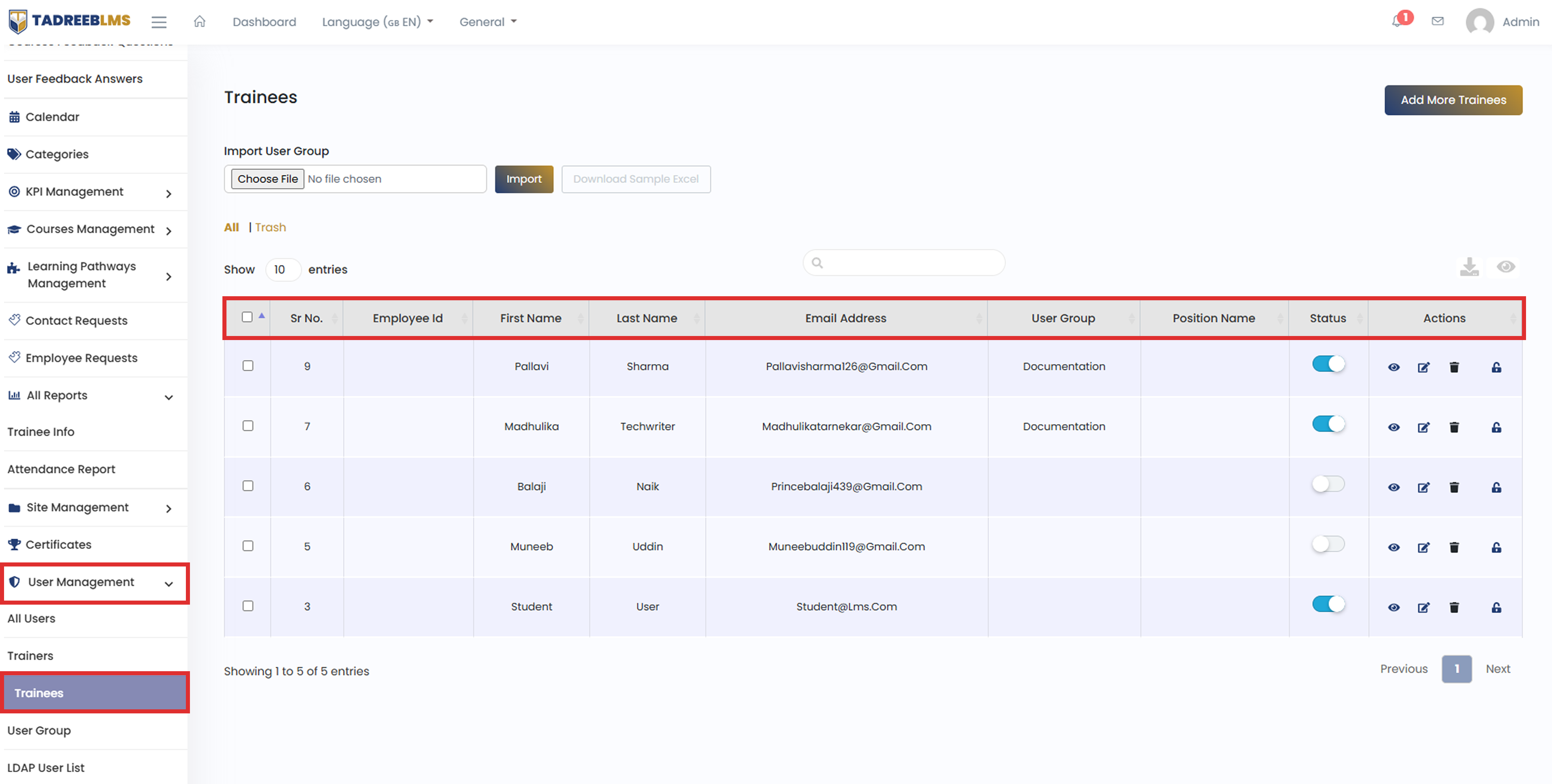 Trainees screenshot