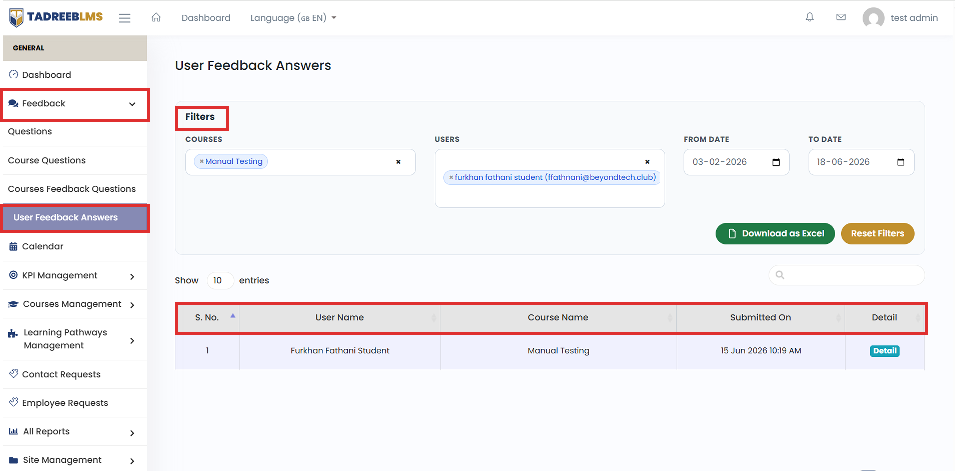 User Feedback Answers screenshot